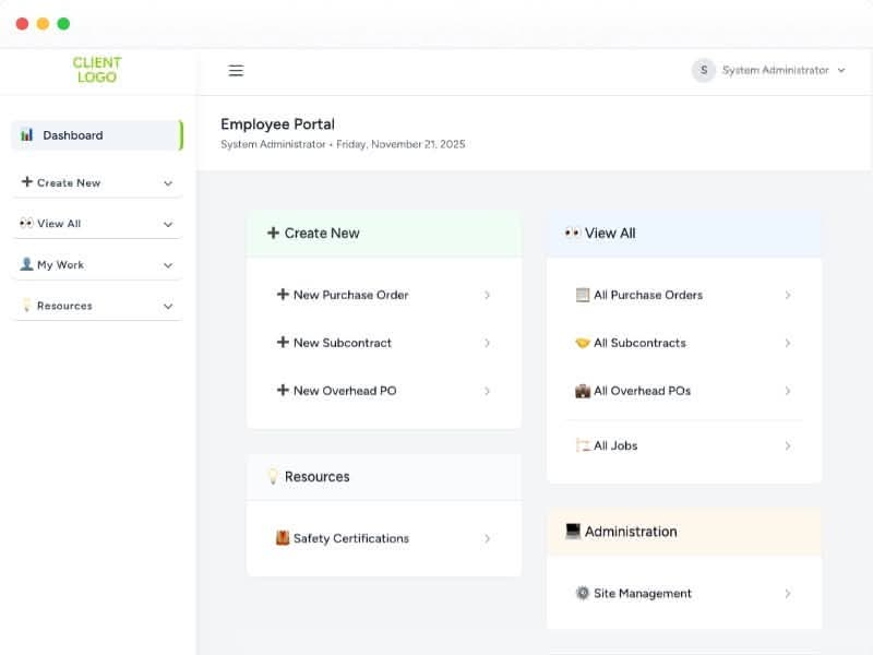 Redesigned employee portal dashboard showing a modern, simplified layout with left-side navigation and large cards for common actions like Create New and View All.